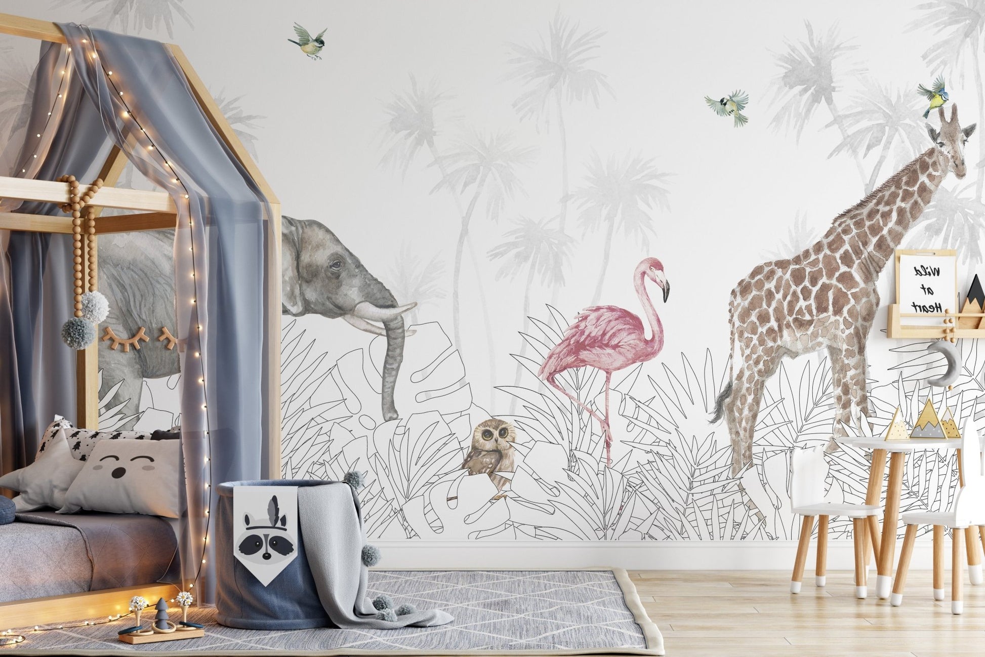 Jungle-themed kids bedroom wall mural with safari animals design