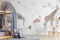 Jungle-themed kids bedroom wall mural with safari animals design
