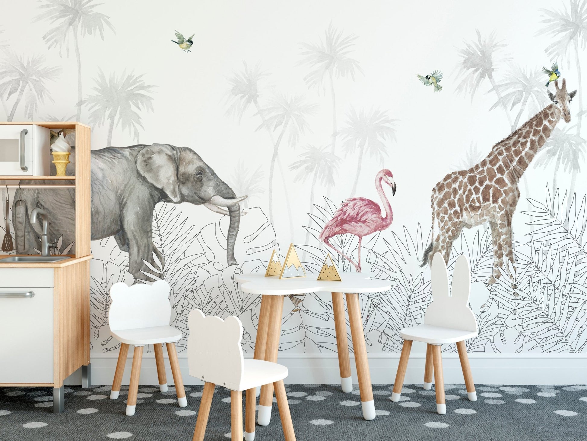 Colorful jungle safari animals wall mural for children’s dining room.