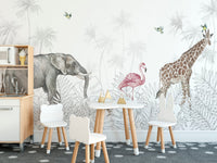 Colorful jungle safari animals wall mural for children’s dining room.