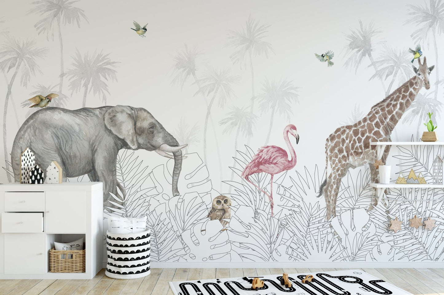 Playful safari animals wall mural for a jungle-inspired room.