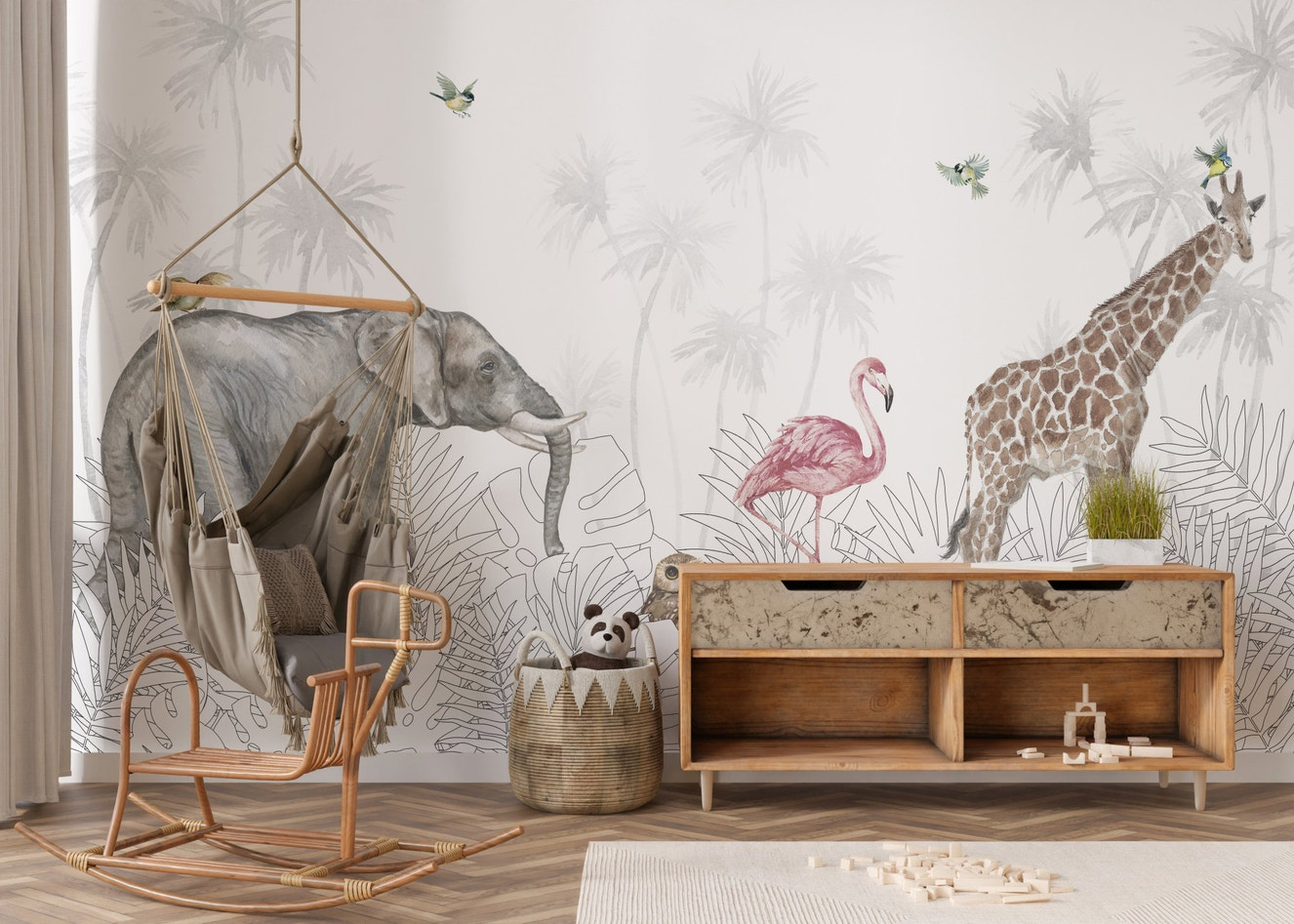 Jungle safari animals wall mural for a playful kids room decor
