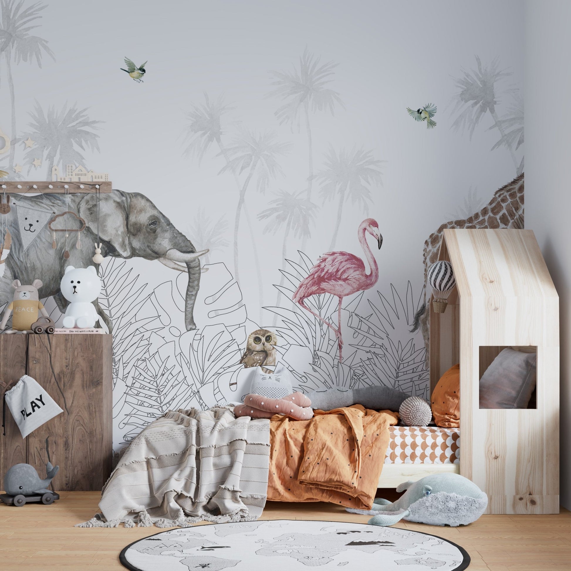 Safari animals wall mural featuring jungle theme for children bedroom.