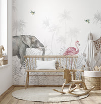 Kids room wall mural with jungle safari animals illustrations