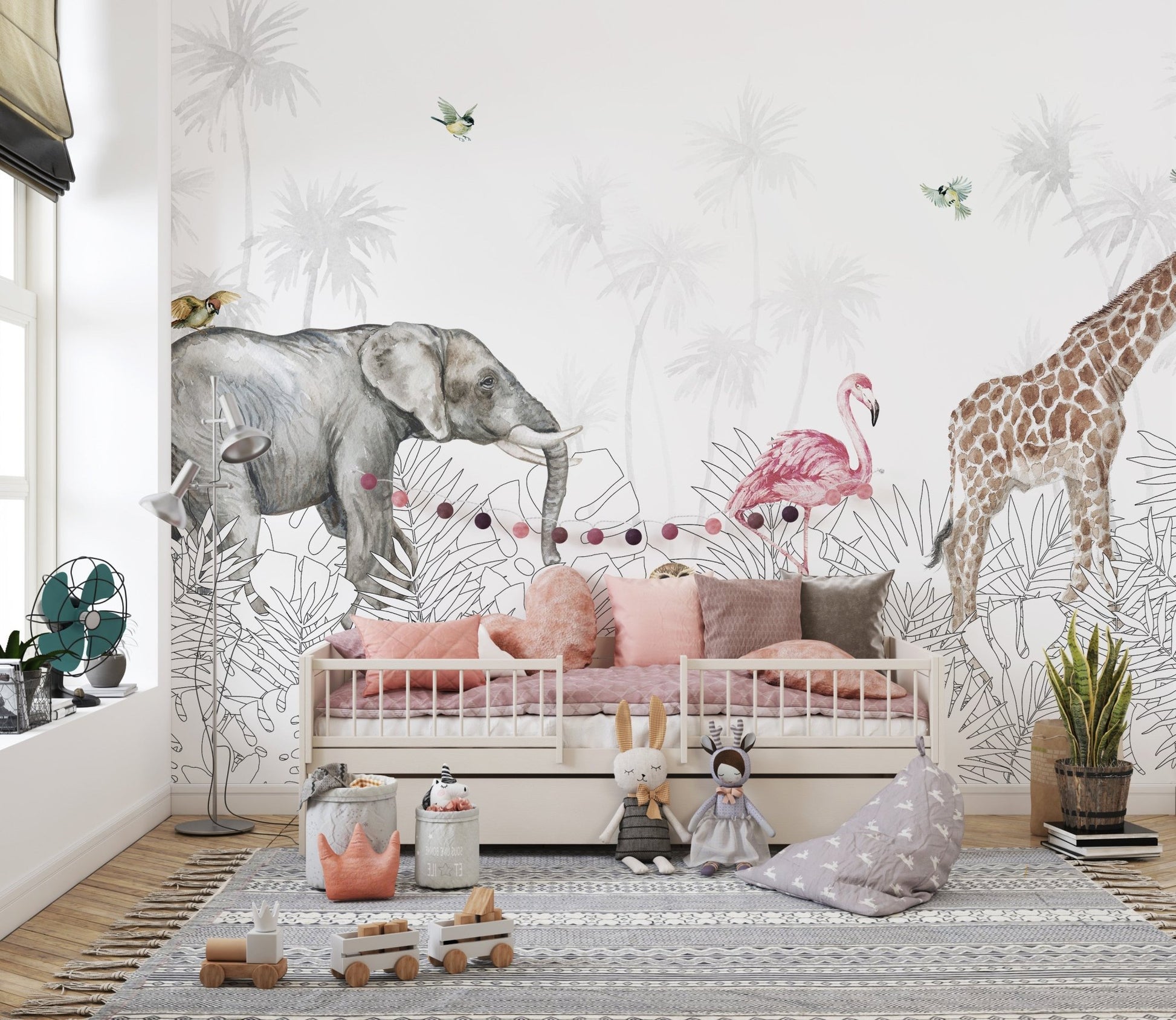 Safari-themed jungle wall mural for kids room decoration.