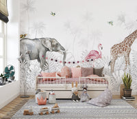 Safari-themed jungle wall mural for kids room decoration.