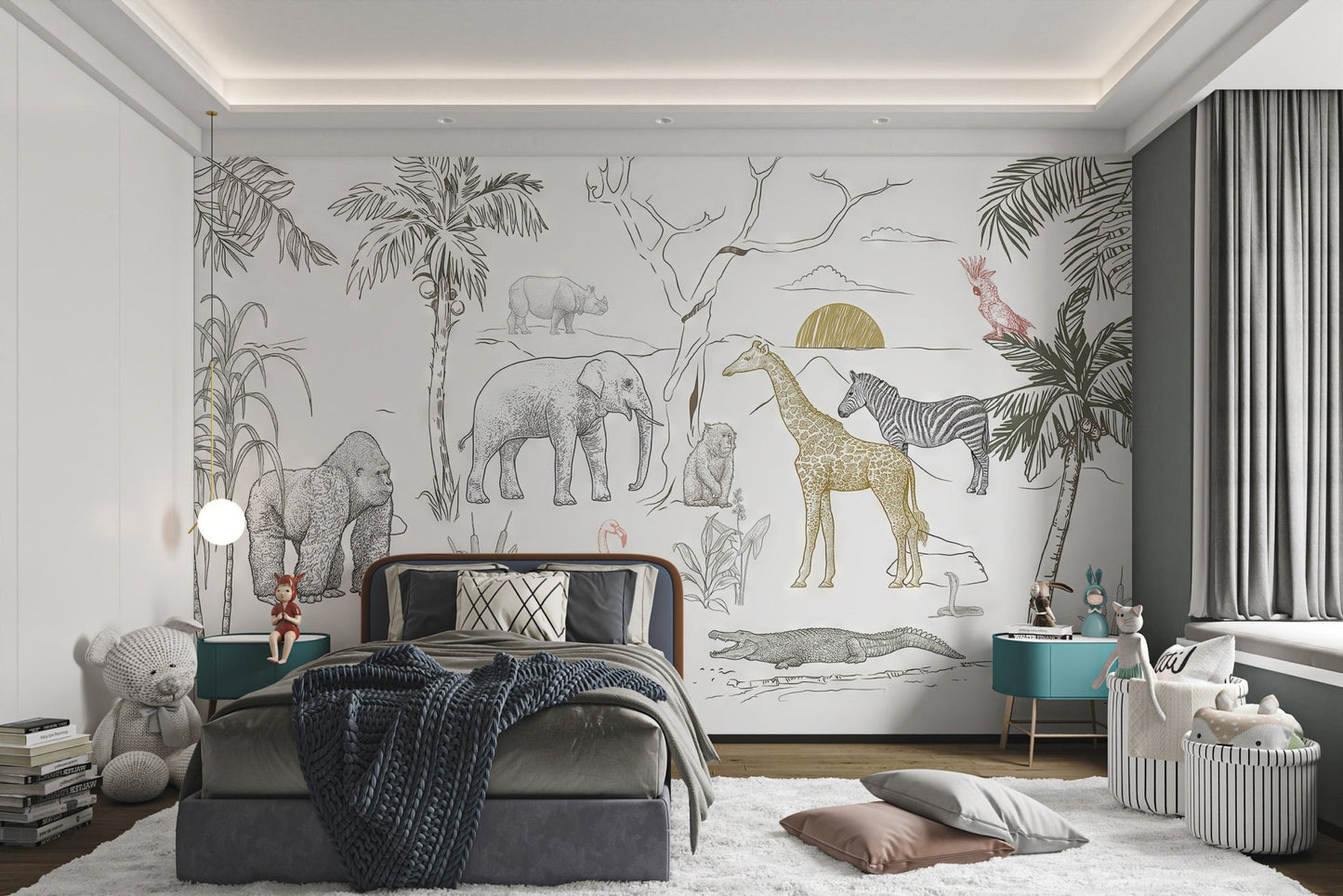 Gold sun illustration jungle safari wall mural for bright bedroom design.