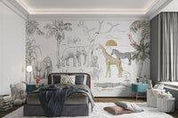 Gold sun illustration jungle safari wall mural for bright bedroom design.