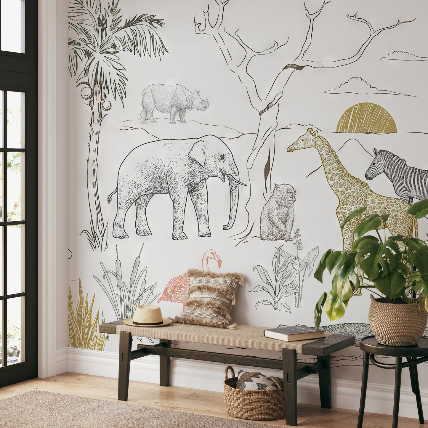 Jungle safari mural featuring a flamingo, koala, and gorilla among foliage.