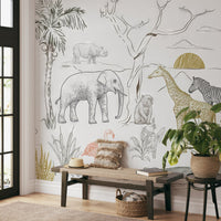 Jungle safari mural featuring a flamingo, koala, and gorilla among foliage.