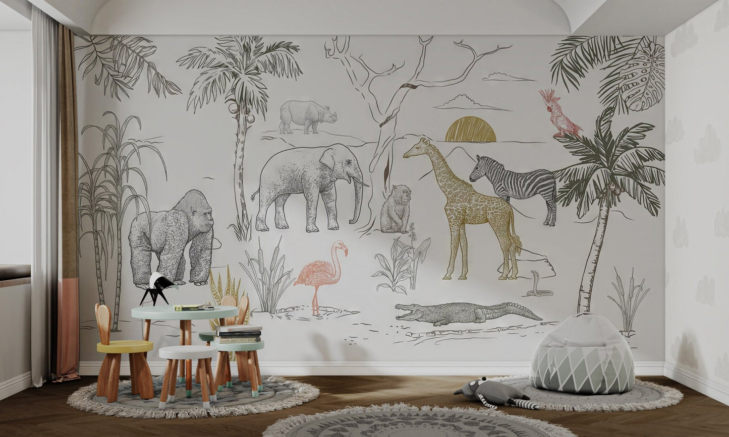 Grey crocodile sketch jungle safari mural for kids room walls.