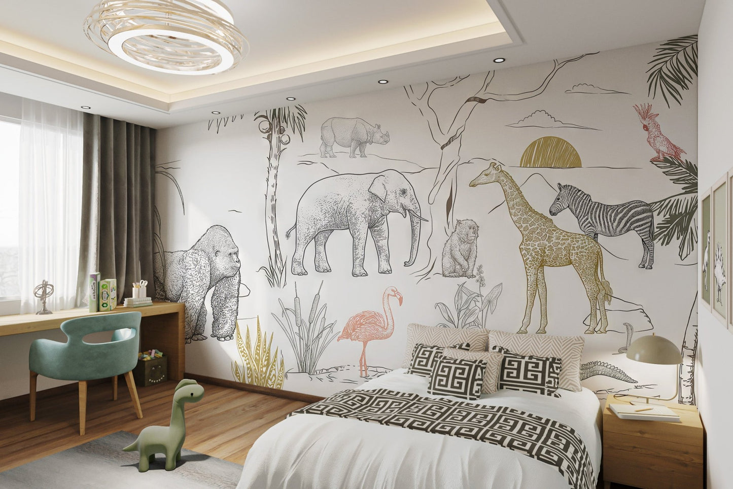 Rhino line drawing jungle safari wall mural for neutral child's bedroom.