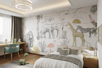 Rhino line drawing jungle safari wall mural for neutral child's bedroom.