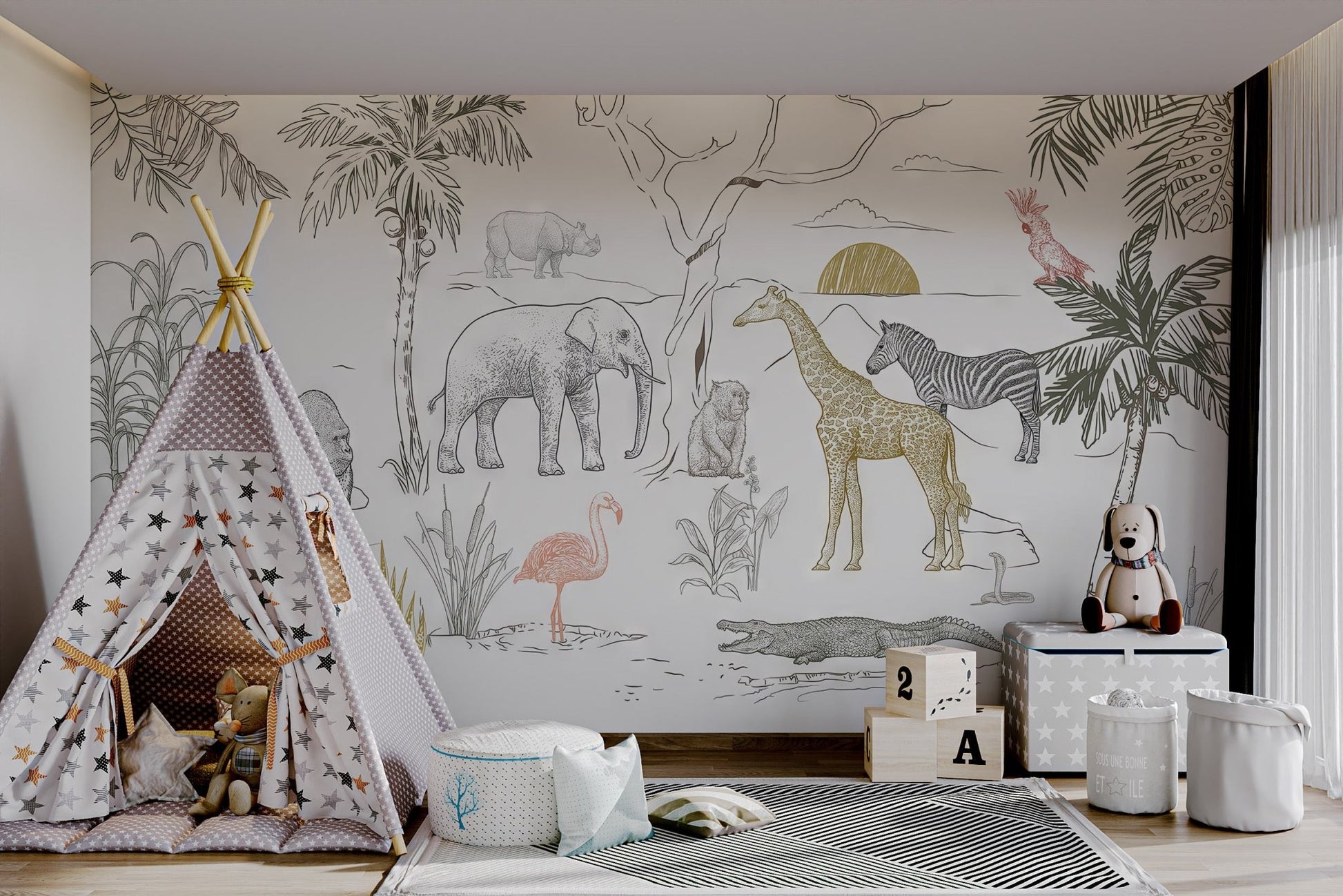 Cobra line art on Jungle Safari Wall Mural for minimalist kids space.