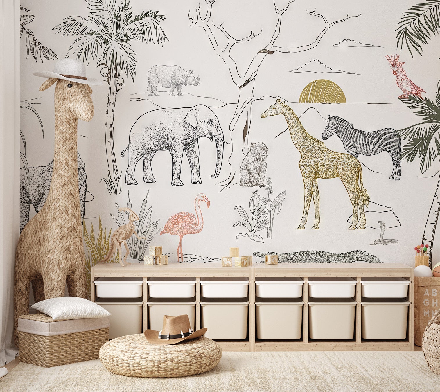Exotic jungle mural featuring flamingos, zebras, and elephants in kids play area.