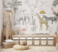 Exotic jungle mural featuring flamingos, zebras, and elephants in kids play area.