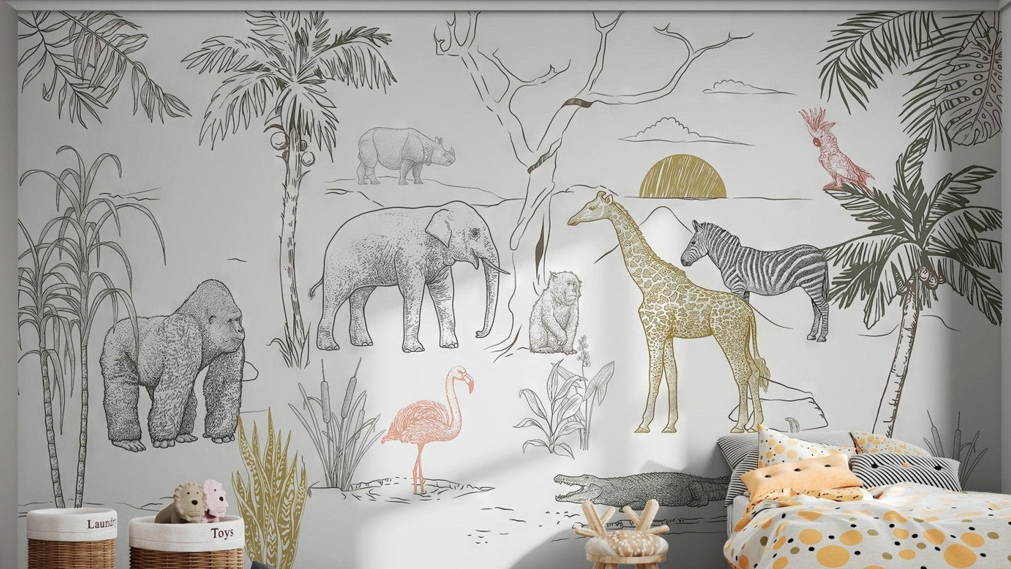Jungle wall mural with a sunset behind giraffes and elephants in bedroom.