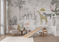 Hand-drawn jungle animals mural with a tropical plants in playroom.