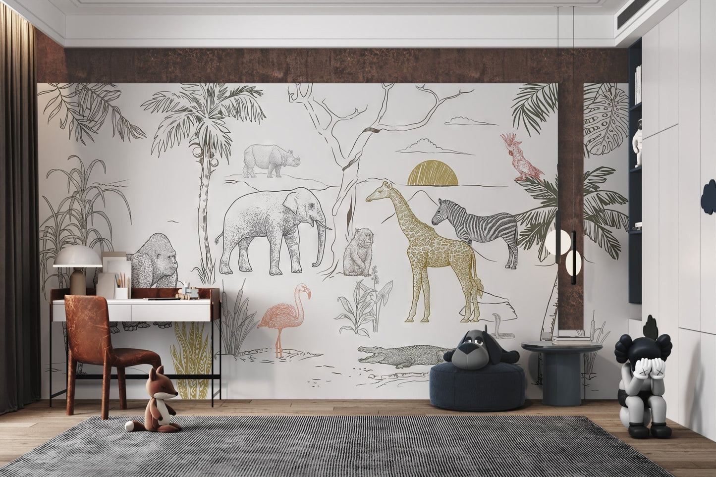 Zebra illustration on monochrome jungle safari wall mural for study room.