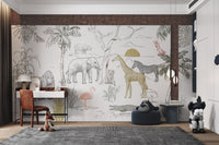 Zebra illustration on monochrome jungle safari wall mural for study room.
