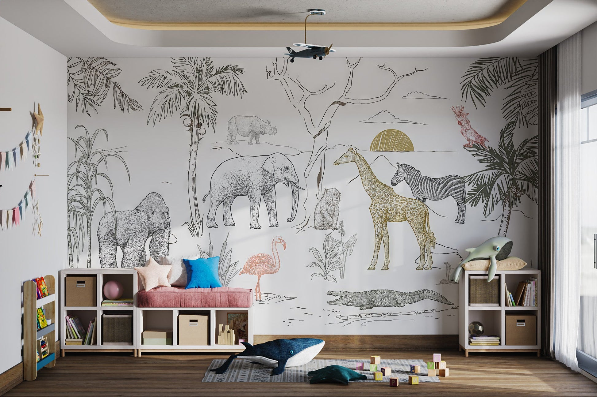 Hand-drawn safari animals mural with an elephant, zebra, and crocodile.