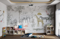 Hand-drawn safari animals mural with an elephant, zebra, and crocodile.