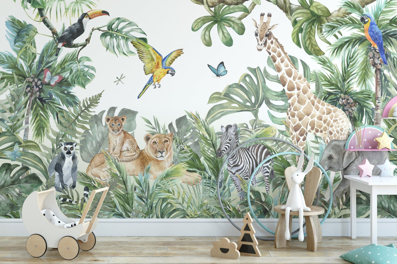Watercolor giraffe and lion wall mural in a modern nursery setting
