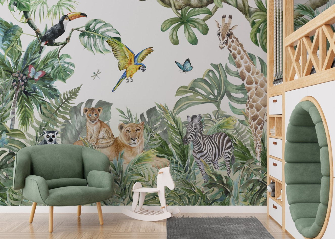 Jungle Safari Watercolor Animals Wall mural for Kids Rooms.