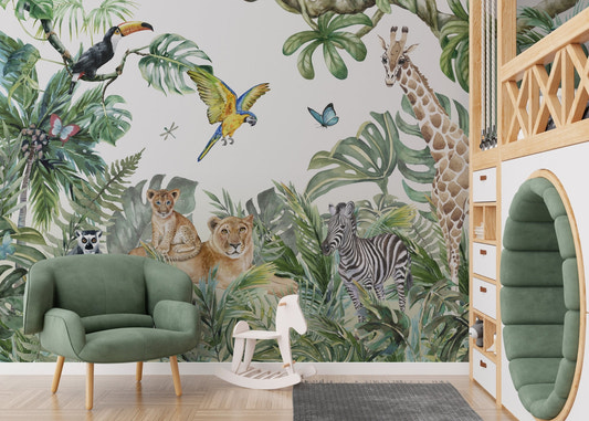 Jungle Safari Watercolor Animals Wall mural for Kids Rooms.