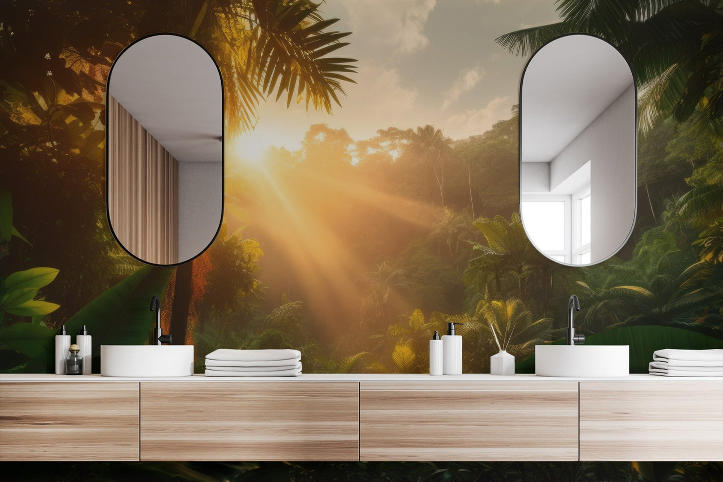 Dense exotic sunrise wallpaper in warm amber and emerald tones.
