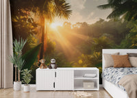Scenic jungle sunrise wallpaper for a large feature wall.