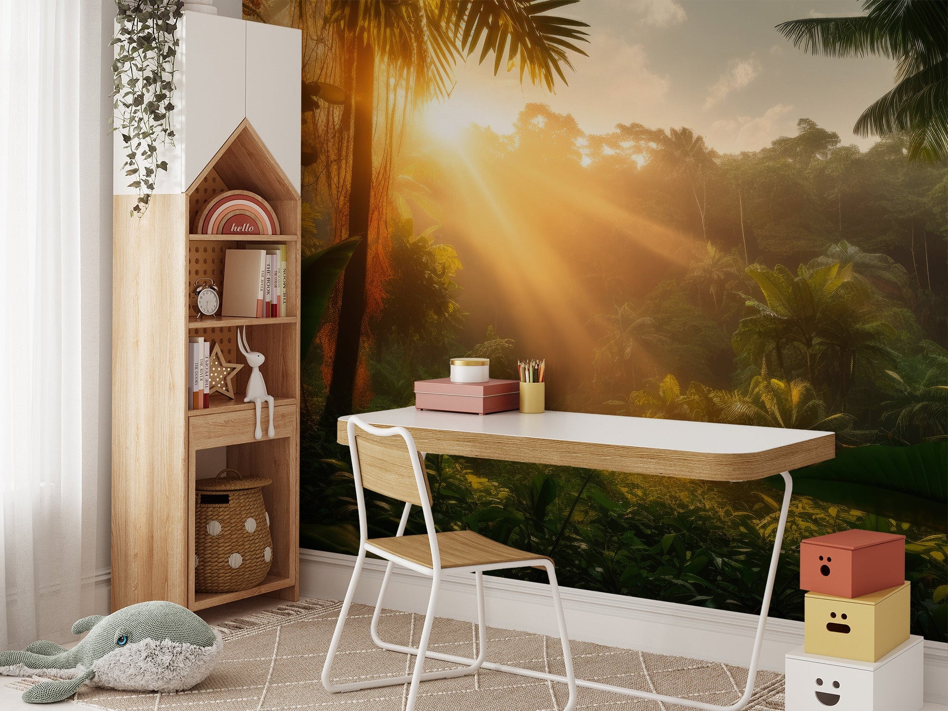 Vibrant jungle landscape wallpaper with realistic leaf textures.