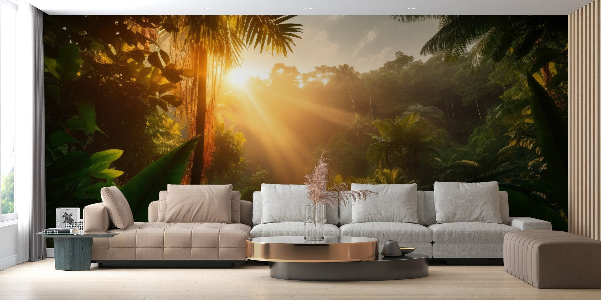 Warm sunlight filtering through jungle canopy wallpaper.