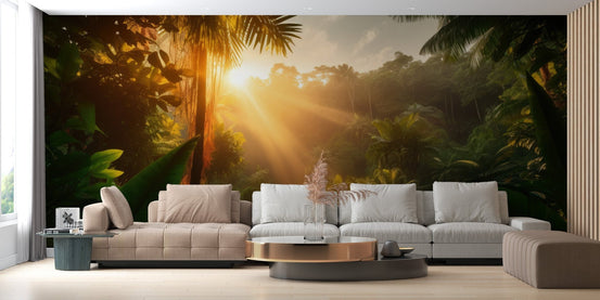 Warm sunlight filtering through jungle canopy wallpaper.