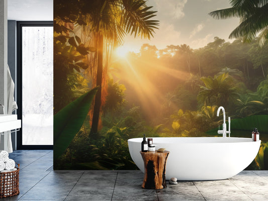 Tropical jungle wall mural featuring sun rays through palm leaves.