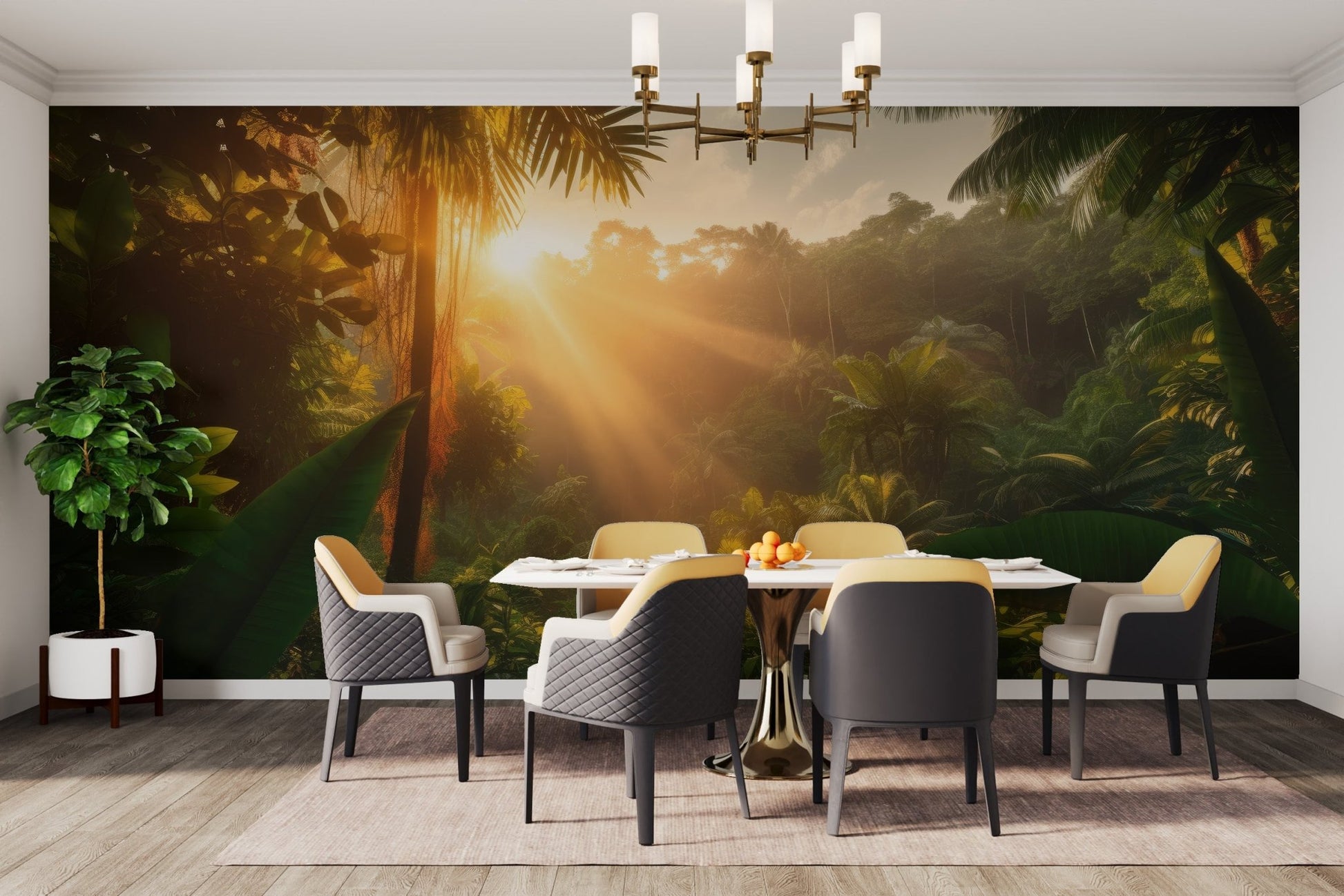 Exotic jungle wallpaper with morning light and dense palm leaves.