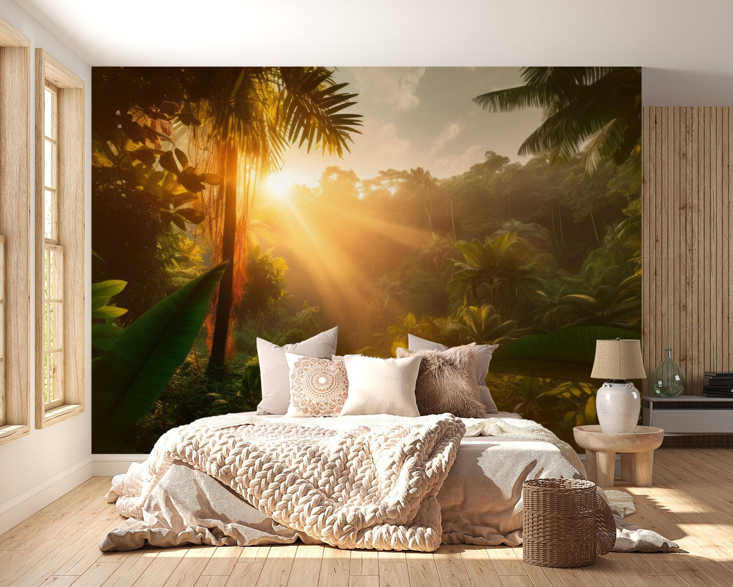 Earthy green jungle mural for a peaceful indoor setting.