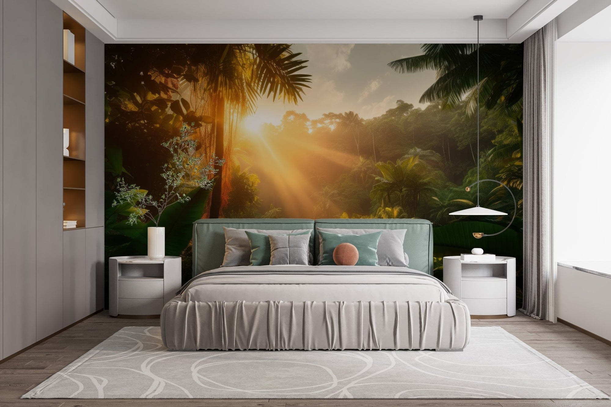 Golden light rays filtering through a green jungle wallpaper.