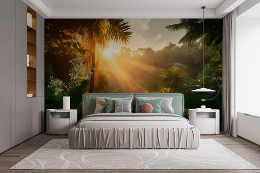 Golden light rays filtering through a green jungle wallpaper.