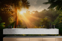 Warm amber sunrise over a dense rainforest wall mural.