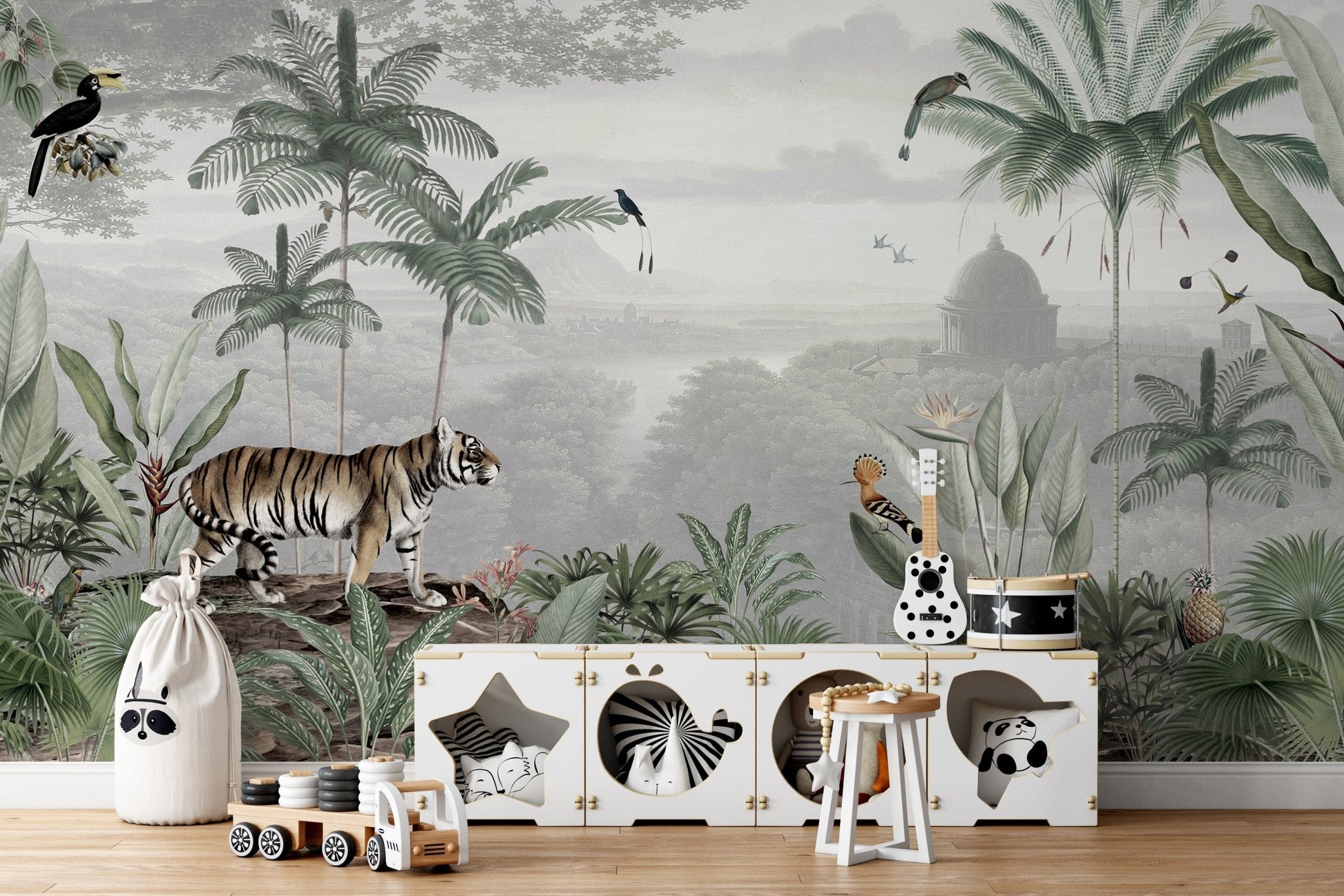 Wall mural featuring a tiger in a dense jungle setting for kids play area.
