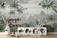 Wall mural featuring a tiger in a dense jungle setting for kids play area.
