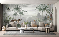 Majestic tiger mural perfect for jungle-inspired living room decor.
