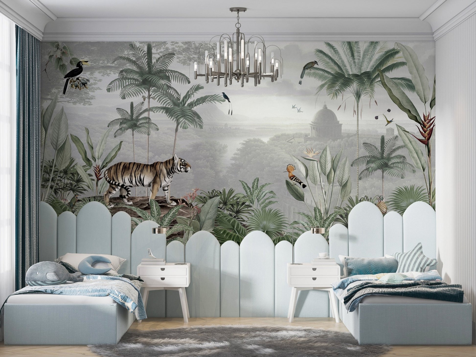 Artistic jungle mural showcasing a fierce tiger for kids bedroom.
