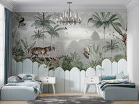 Artistic jungle mural showcasing a fierce tiger for kids bedroom.
