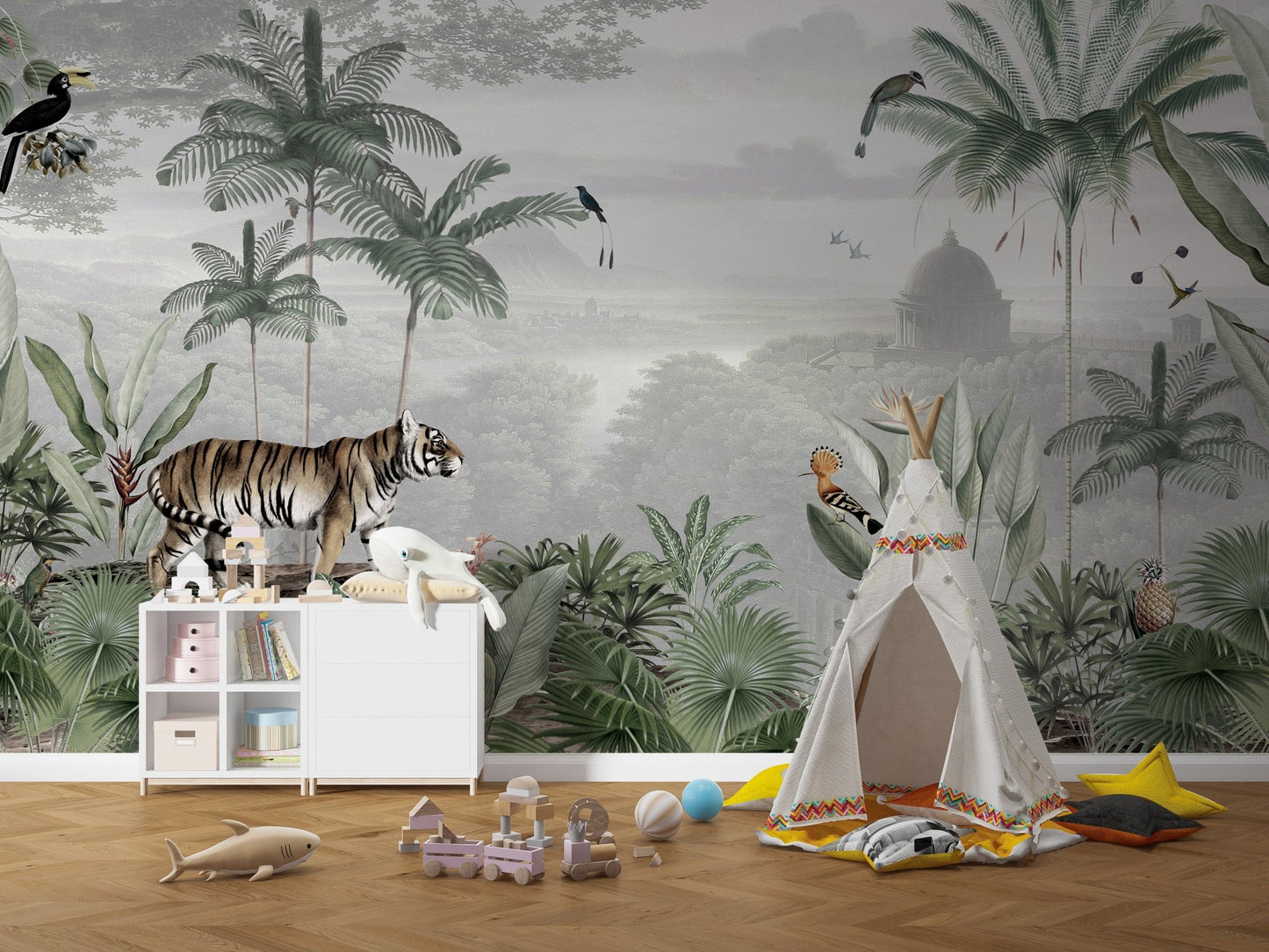 Tiger mural adding a bold touch to jungle theme nursery interiors.
