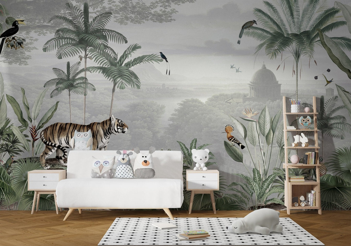 Tiger wall mural with lush jungle background design for kids room wall.

