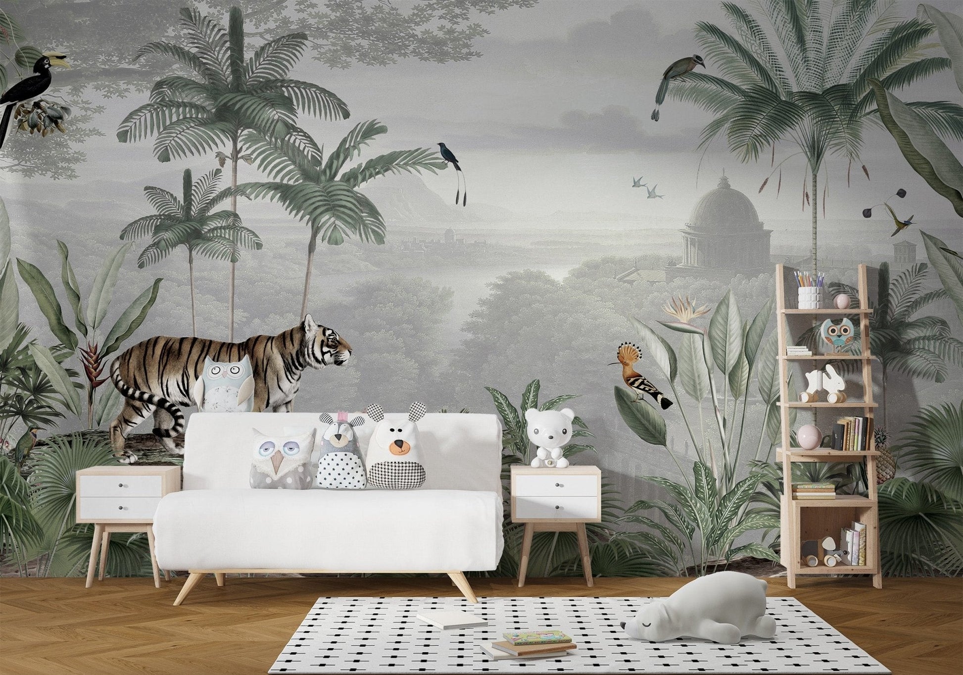 Tiger wall mural with lush jungle background design for kids room wall.
