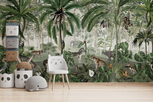 Jungle wallpaper murals for kids with giraffe and hippo in tropical forest.