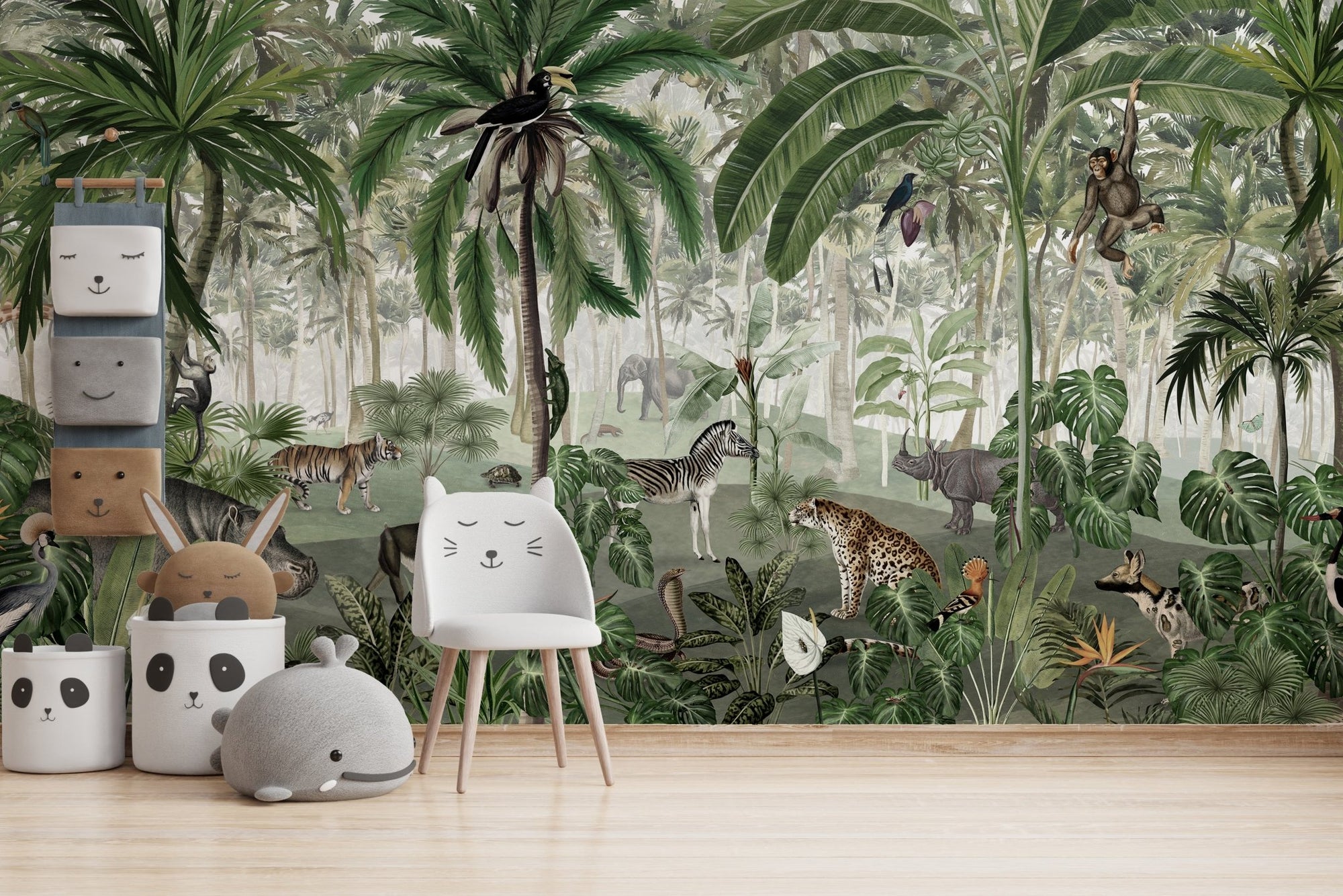 Jungle wallpaper murals for kids with giraffe and hippo in tropical forest.